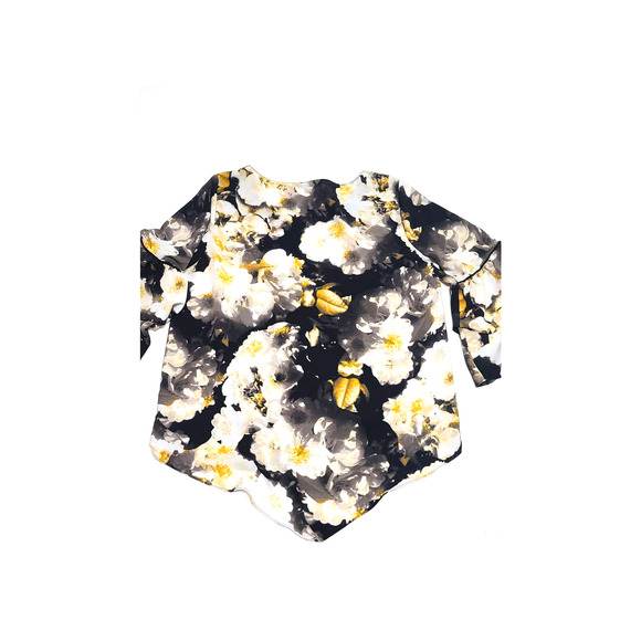 Alfani yellow black floral long sleeve ruffle blouse women's medium v hem - Picture 6 of 7
